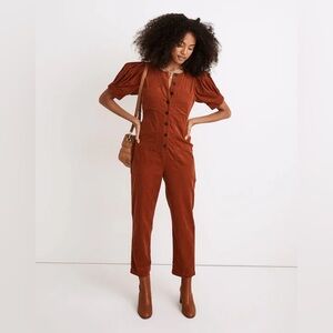 NWT Madewell Nutmeg Terracotta Corduroy Puff-Sleeve Button-Front Jumpsuit - 6